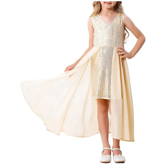 Sequin Dress Kids Elegant Sleeveless Sparkly Dress GOLD SIZE 8-9Y - Picture 1 of 5